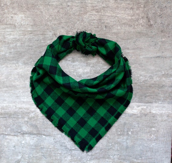 Sawyer Bandana, Black Green Frayed Plaid Dog Bandana,