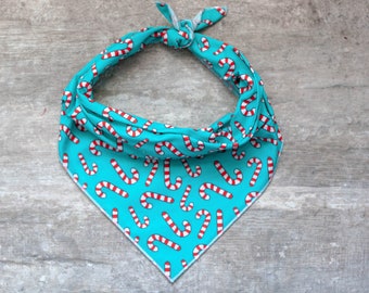 Candy Cane Dog Bandana on Aqua, Christmas Dog Bandana