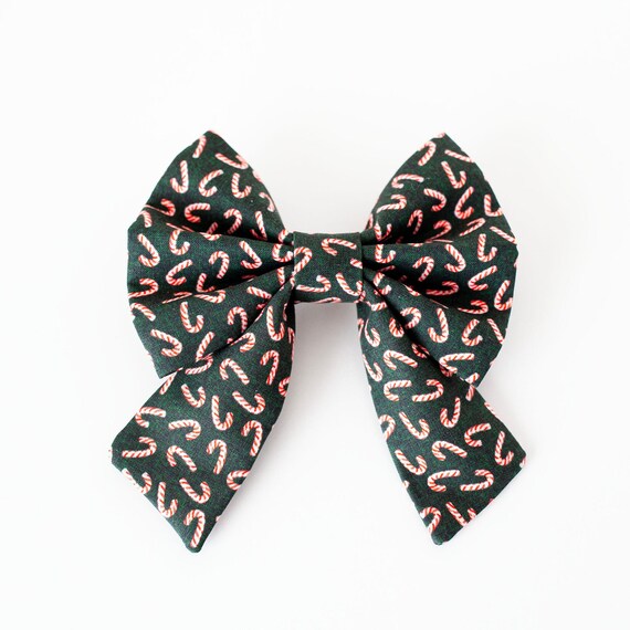 Candy Cane on Dark Green Sailor Bow, Christmas Dog Sailor Bow