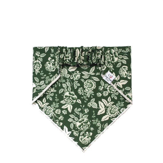 English Rose in Hunter Green Scrunchie Dog Bandana, Floral Scrunchie Dog Bandana
