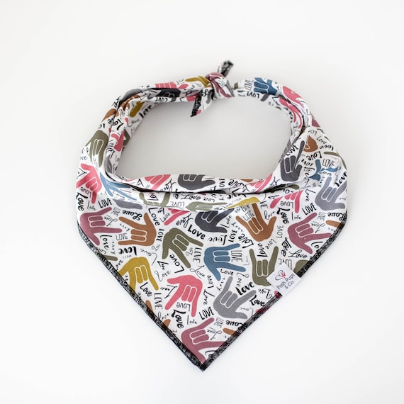 Colorful ASL ILY and Love Dog Bandana, Love Sign Dog Bandana, Love Hand Shape Dog Bandana