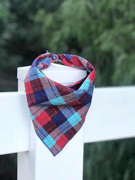 The Cohen Bandana, Aqua Red Blue Plaid Dog Bandana