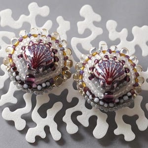 Beaded Statement Earrings No.10 – Purple Shell Motif / Lightweight / One of a Kind / Hand Embroidered / Gift for Her / Japanese Textile