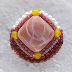 Beaded Embroidery Brooch Pin – No.32 / Retro Pink / Marble Pattern / Red Yellow Purple / Lightweight Statement / Christmas Gift / Handmade