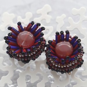 3D Beaded Embroidery Earrings No.6 – Blue Brown / Unique Lightweight / Memory of the Sea / Clip-On  / Handmade / One of a Kind