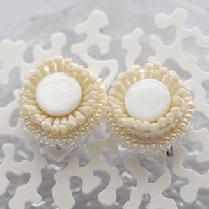 3D Beaded Embroidery Earrings No.1 – White / Unique Lightweight / Memory of the Sea / Clip-On/ Handmade Gift / One of a Kind