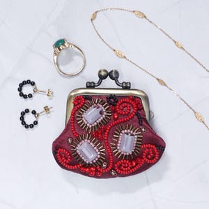 Tiny Embroidered Frame Purse No.04 – Red Purple Omamori Motif – Ring Case / Coin Pouch / Keepsake Bag / Beaded Wool / Handmade Gift