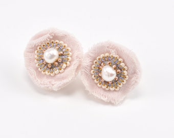 new old stock, statement flower earrings, pink earrings, embroidered earrings, clip on earrings, light earrings, No.7