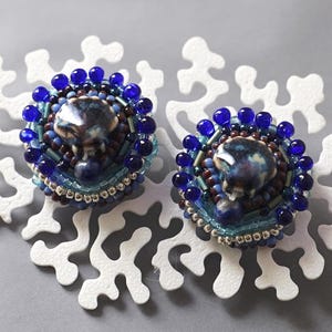 Beaded Embroidery Earrings No.1 – Navy Green with Ceramic Shell Motif / Lightweight Statement / Handmade Gift for Women / One of a Kind