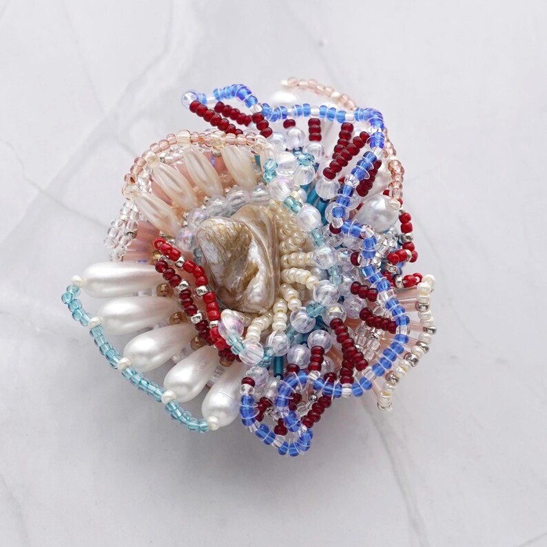 Beaded Brooch No.5 / Coral Reef / Tide Pool Inspired / Blue, White & Red / Unique Statement / One-of-a-Kind Gift / Ocean Sparkle image 1