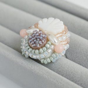 Cocktail Ring No.3 / White & Pale Tones / Shell Motif / Beaded Statement / Adjustable / Handmade One-of-a-Kind / Elegant Gift for Christmas