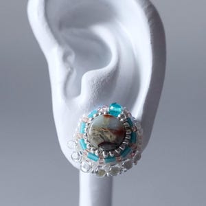 Beaded Embroidery Earrings No.13 – Turquoise Blue Clear / Small Lightweight / Clip-On or Pierced / Handmade Gift / One of a Kind