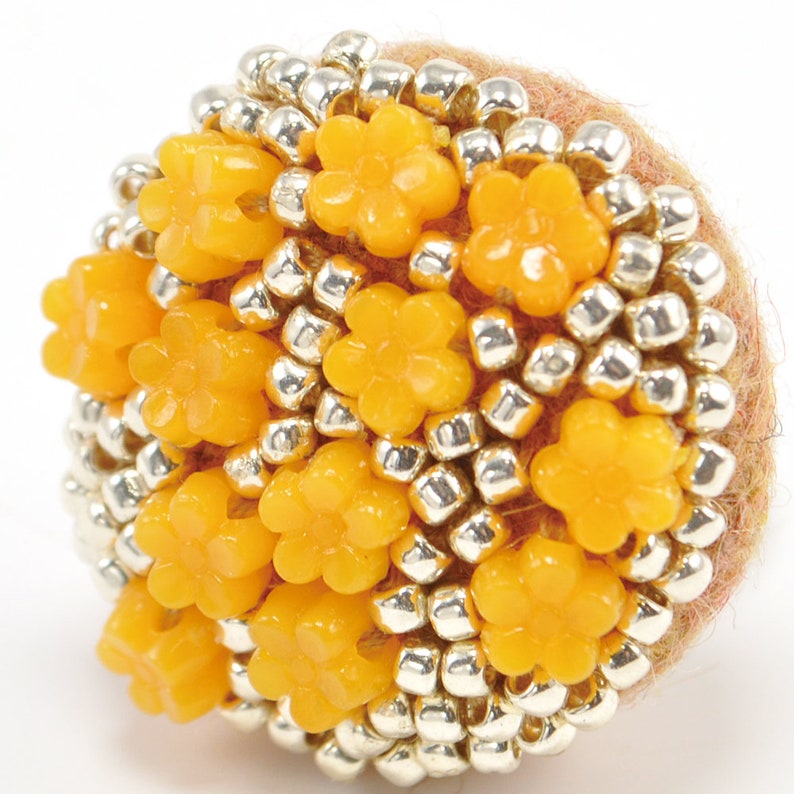 one off ring orange and silver ring flower ring gorgeous ring Statement and Sparkle Beaded circle ring Silver One of a kind ring