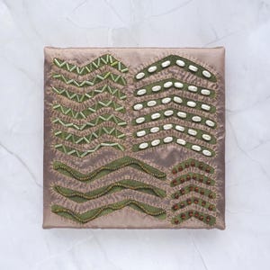 Beaded Fabric Panel/ Mountain View Landscape / Champagne Gold & Green / Handmade Wall Art / One-of-a-Kind Bedroom Decor