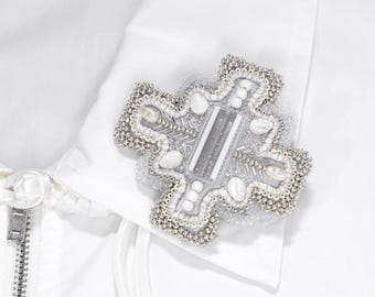 Cross Shaped Brooch No.11 / Bead Embroidery in White, Silver Grey / Soft & Lightweight Statement / Vintage Mix / Holiday Gift