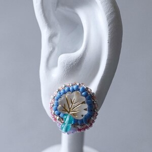 Beaded Embroidery Earrings No.5 – Blue Clear Pink Ivy Motif / Small Lightweight / Clip-On or Pierced / Handmade Gift / One of a Kind