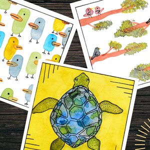 Handgefertigte All-Occasion Karten | 2 Aquarell Designs: Elegante Vögel, lebhafte Schildkröten & verrückte Enten | Print-at-Home digitaler Download