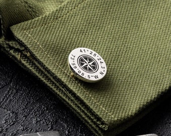 Compass Coordinate Cufflinks: Custom Longitude Latitude, Nautical Men's Gift, Unique Sailor Jewelry, Silver Navigator Accessory