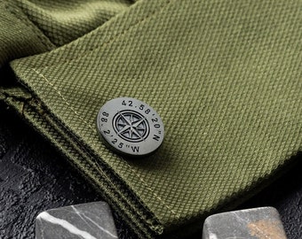 Silver Rhodium-Plated Compass Cufflinks | Custom GPS Coordinates | Elegant Men's Accessory | Personalized Gift for Him | Unique Design