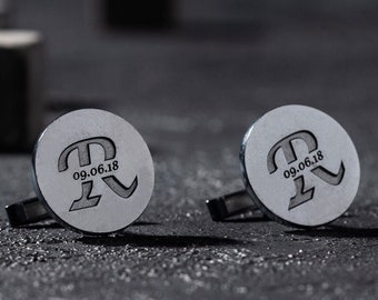 Custom Engraved Rhodium-Plated Silver Cufflinks - Personalized Date Keepsake - Elegant Men's Accessory for Special Occasions