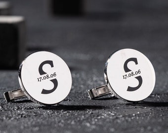 Custom Initial Cufflinks with Date: Gold & Silver Toned, Personalized Gift for Men, Wedding, Anniversary, Special Occasions