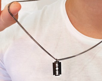Razor Blade Necklace - Custom Men Necklace - Mens Necklace -  Men's necklaces - Men's Jewelry - Black jewelry for men - Razor Blade Charm