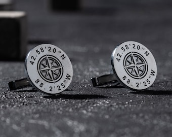 Silver Rhodium-Plated Compass Cufflinks | Custom GPS Coordinates | Elegant Men's Accessory | Personalized Gift for Him | Unique Design