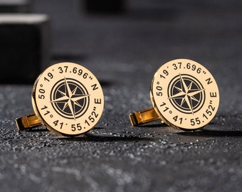 Gold Compass Coordinate Cufflinks | Elegant 18K Personalized GPS Location | Men's Luxury Accessory | Unique Custom Gift for Him