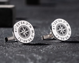 Compass Coordinate Cufflinks: Custom Longitude Latitude, Nautical Men's Gift, Unique Sailor Jewelry, Silver Navigator Accessory