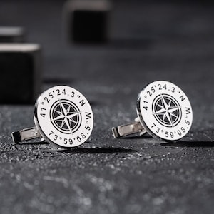 Compass Coordinate Cufflinks: Custom Longitude Latitude, Nautical Men's Gift, Unique Sailor Jewelry, Silver Navigator Accessory image 1