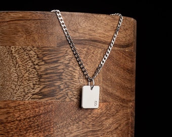 Sterling Silver Curb Chain with Engravable Square Pendant - Unisex Jewelry - Minimalist Silver Square Pendant
