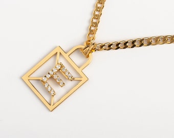 Initial Padlock Necklace in Curb Chain - The Lock Initial Pendant - Gifts for Her
