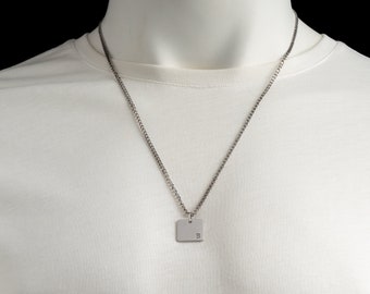Sterling Silver Curb Chain with Engravable Square Pendant - Unisex Jewelry - Minimalist Silver Square Pendant