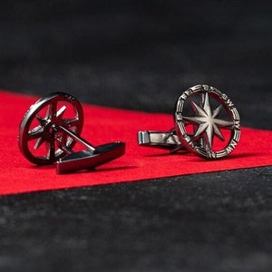 Gemelos de brújula de plata de ley 925 - Gemelos de padrino - Gemelos de padrinos de boda - Joyería para hombre - Gemelos de brújula negra
