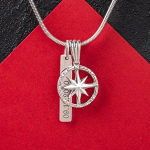 SILVER Custom Compass Necklace - Engraved Custom Necklace for Men - Personalized Engraved Necklace - Mens Bar Necklace -