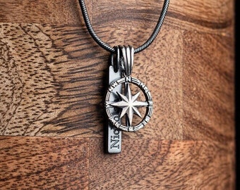 SILVER Custom Compass Necklace - Engraved Custom Necklace for Men - Personalized Engraved Necklace - Mens Bar Necklace -