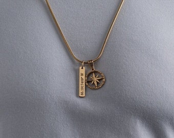 SILVER Custom Compass Necklace - Engraved Custom Necklace for Men - Personalized Engraved Necklace - Mens Bar Necklace -