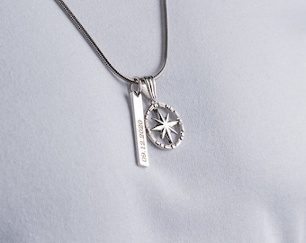 SILVER Custom Compass Necklace - Engraved Custom Necklace for Men - Personalized Engraved Necklace - Mens Bar Necklace -