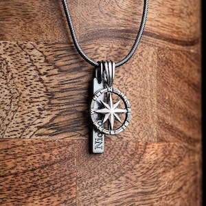 SILVER Custom Compass Necklace - Engraved Custom Necklace for Men - Personalized Engraved Necklace - Mens Bar Necklace -