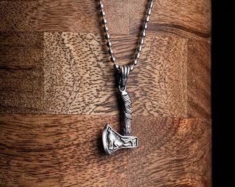 Silver Battle Axe Necklace - Mens Silver Axe Pendant With Chain - Viking Batte Axe Pendant in Silver - Men's necklaces, Silver  Men Necklace