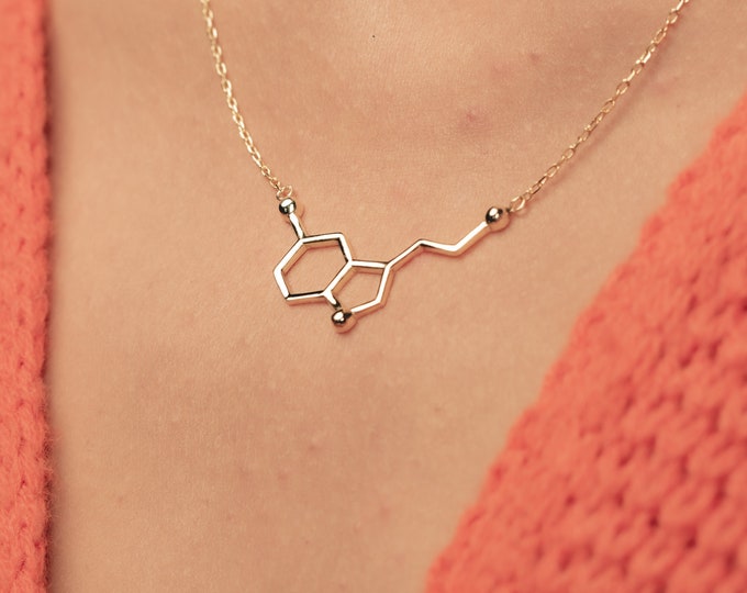 Personalized Serotonin Molecule Necklace: Sterling Silver, Gold Science Jewelry