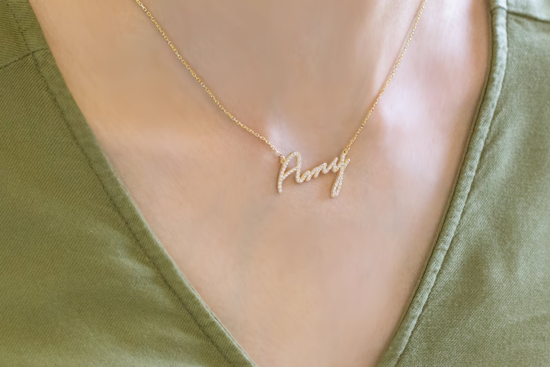 14k Solid Gold Diamond Name Necklace Cubic Zirconia Name Necklace