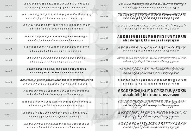 May include: A chart showing 24 different fonts, labeled Font No. 1 through Font No. 24. Each font displays the alphabet in uppercase and lowercase letters.