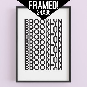 Framed Brooklyn Minimalist Art Print, Modern Typography Wall Art, Black and White Poster Print for Home, Office, or Dorm Decor