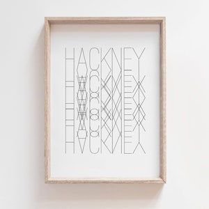 May include: A framed print with a geometric design of the word "Hackney" in black and white.