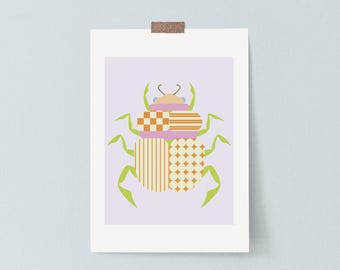 Original Scarab Beetle Art Print – Colorful Purple Insect Wall Art, Modern Geometric Bug Poster for Kids Room, Office, or Gallery Wall Decor