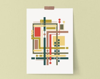 Impresión de arte de circuito abstracto, DESCARGA DIGITAL Impresión de póster geométrico, decoración de arte de pared imprimible moderna de mediados de siglo