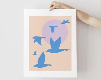 Original Blue Birds in Flight DIGITAL DOWNLOAD – Minimalist Nature Printable Wall Art, Peach & Lavender Sky Poster for Home or Dorm Decor