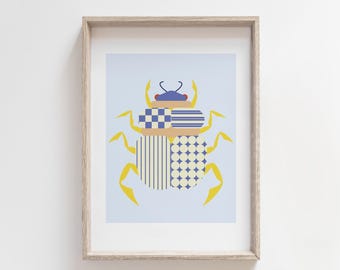 Original Scarab Beetle Art Print – Colorful Blue Insect Wall Art, Modern Geometric Bug Poster for Kids Room, Office, Gallery Wall Home Decor