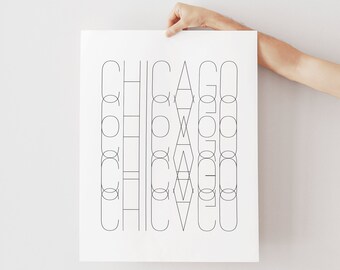 Chicago Abstract Art Travel Poster, Geometric Home Decor Wall Art, Minimalist Black and White Typography Print Gift